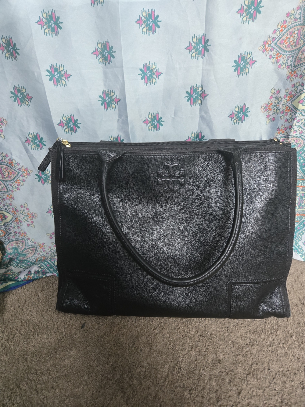 Tory Burch Black Pebbled Leather Tote Satchel Bag With Dust Bag